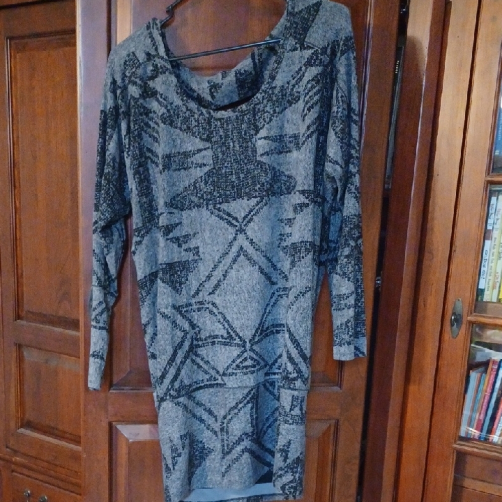 Plenty by Tracy Reese Black and Gray Patterned Long Sleeve Dress